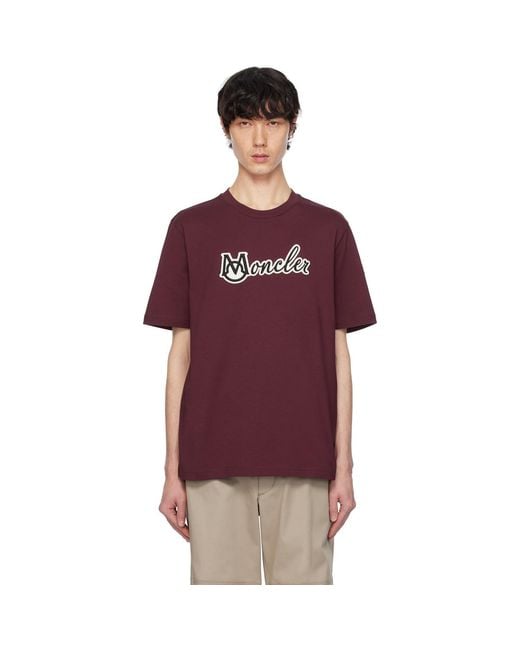 Moncler Burgundy Embroidered Varsity Logo Cotton T-Shirt for men
