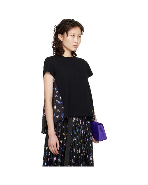 Sacai Floral Print T-Shirt in Black | Lyst