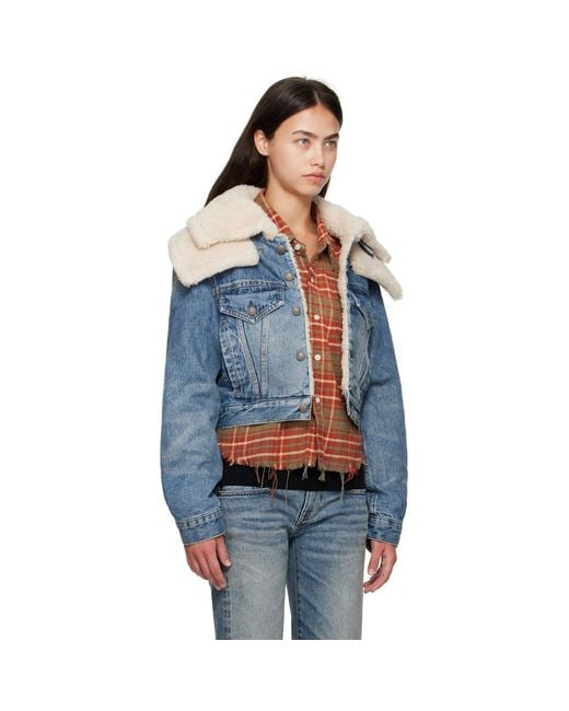 R13 Blue Double Collar Sherpa Denim Trucker Jacket