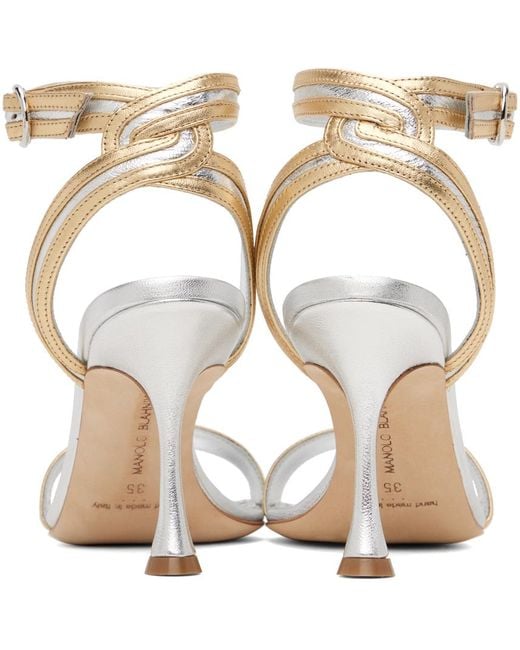 Manolo Blahnik White Silver & Gold Chongasa Heeled Sandals