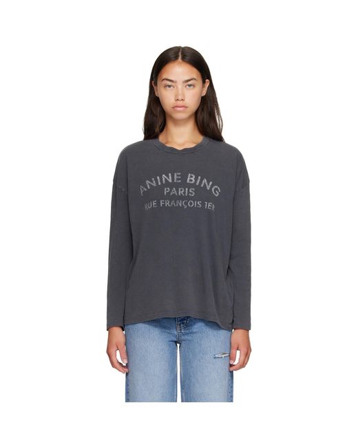 Anine Bing Black Ivan Long Sleeve 'Paris' Stencil T-Shirt