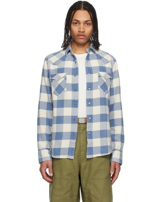 RRL Blue Slim Fit Plaid Twill Western Shirt for men
