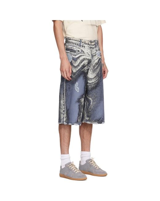 CAMPERLAB Blue Distorted Print Distressed Denim Shorts for men