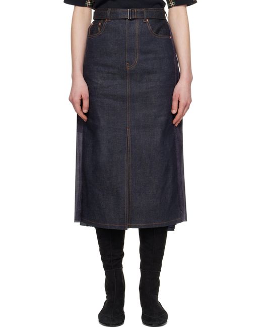 Sacai ネイビー パネル デニム ミディアムスカート Black