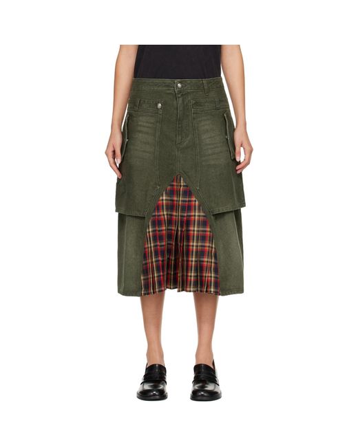ANDERSSON BELL Black Khaki Raptor Layered Pleats Denim Midi Skirt
