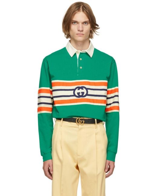 Gucci Cotton Green Interlocking G Long Sleeve Polo for Men - Lyst