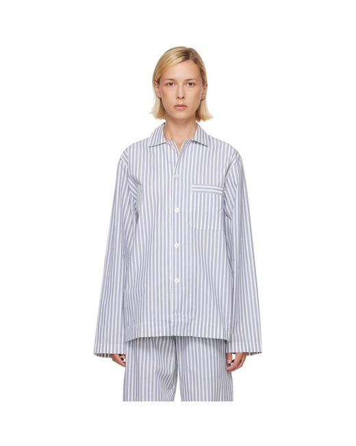 Tekla Blue Poplin Long-Sleeved Pyjama Shirt