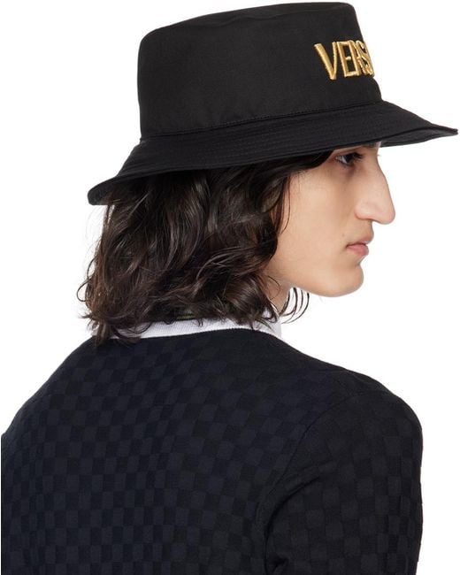 メンズ Versace ロゴ刺繍 バケットハット Black