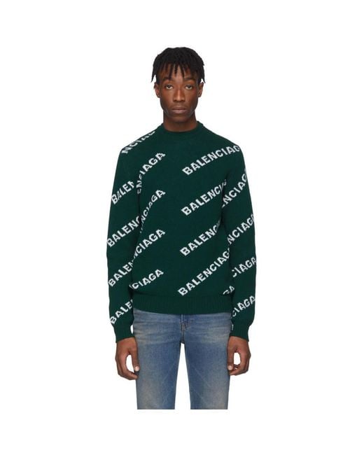 Balenciaga Green Wool Jacquard Logo Crewneck Sweater for men