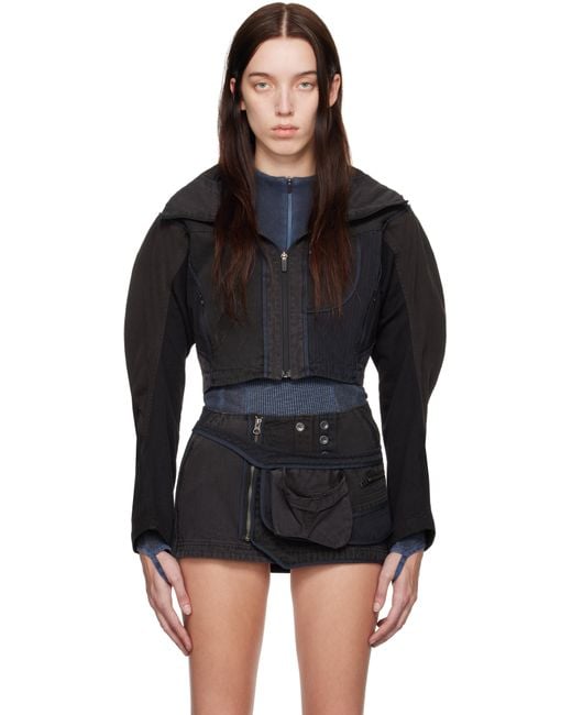 HYEIN SEO クロップドジャケット ブラック Hyein Seo ブラック＆グレー パッチワーク クロップド ジャケット