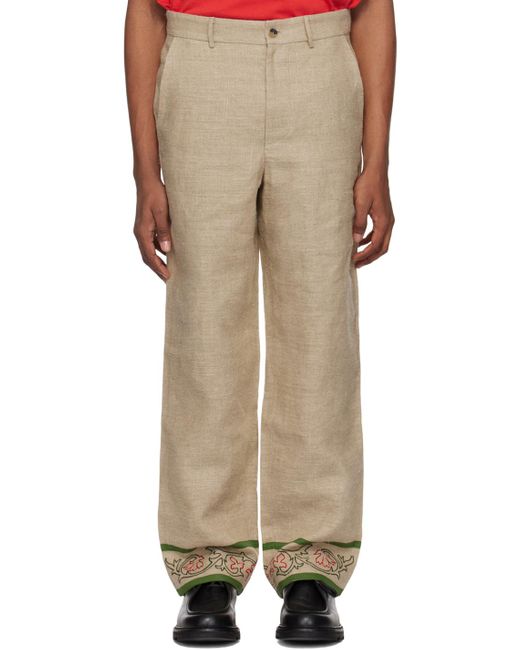 Bode Natural Embroidered Trumpetflower Trousers for men