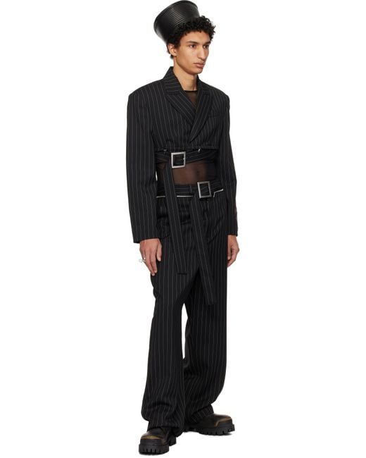 Jean Paul Gaultier Black Pinstripe Wool Cropped Tailored Blazer for men