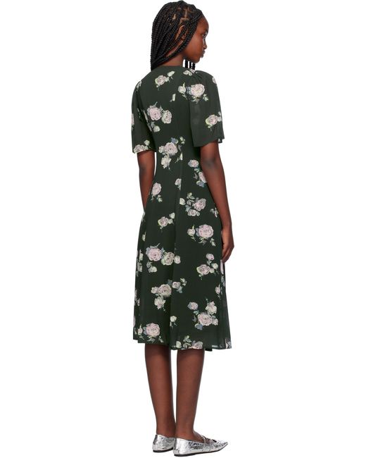 Robe Midi Noire En Crêpe À Motif Fleuri Et À Assemblage Cache-Cœur Ganni en coloris Black