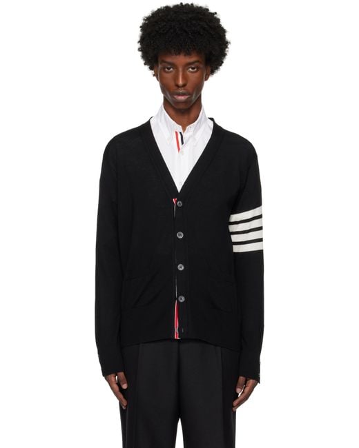 Thom Browne Black Thom E Fine Merino Wool V-neck 4-bar Cardigan for men