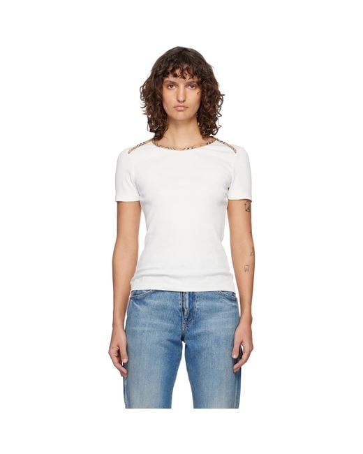 Burberry White Check Trim Stretch Cotton T-Shirt
