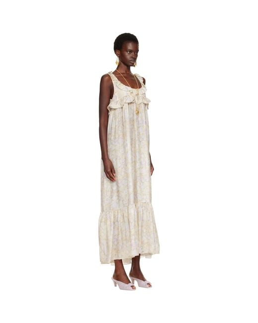 Chloé Natural Painted Flowers Print Silk Charmeuse Maxi Dress