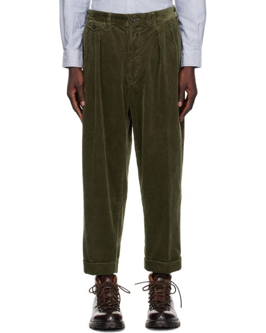 Beams Plus Green Khaki 2 Pleats Corduroy Trousers for men