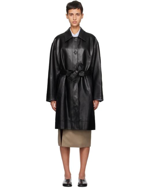 Low Classic Black Belted Faux-leather Coat