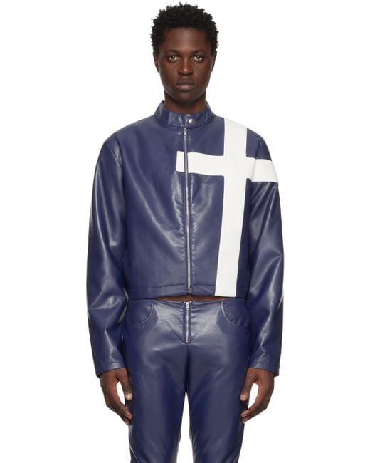 Mowalola Blue Paneled Faux-leather Jacket for men