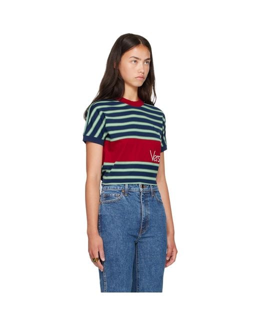 Versace Blue Embroidered-Logo Striped-Intarsia Cotton T-Shirt
