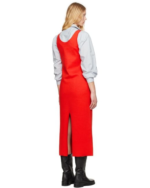 Auralee Red Cotton Silk Stretch Knit Midi Dress