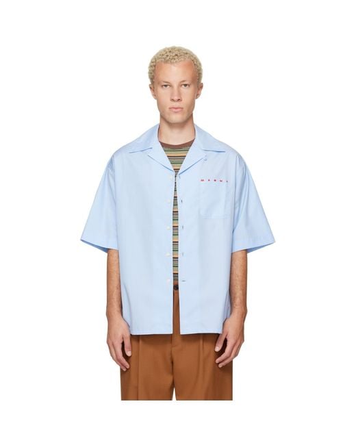 Marni Blue Peeping Logo Poplin Bowling Shirt for men