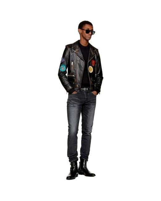 Saint Laurent Black Leather Multi-patch Motorcycle Jacket for Men | Lyst