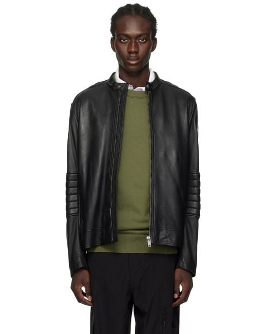 Boss Black Quilted Leather Bomber Jacket for men