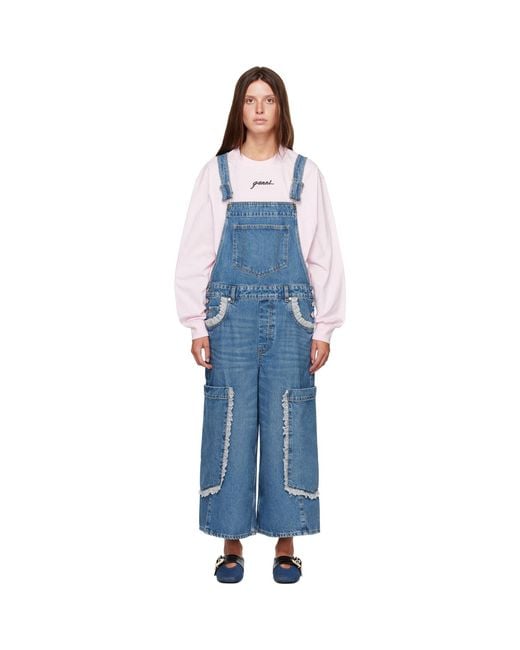 Ganni Blue Cropped Lace Rigid Denim Overalls