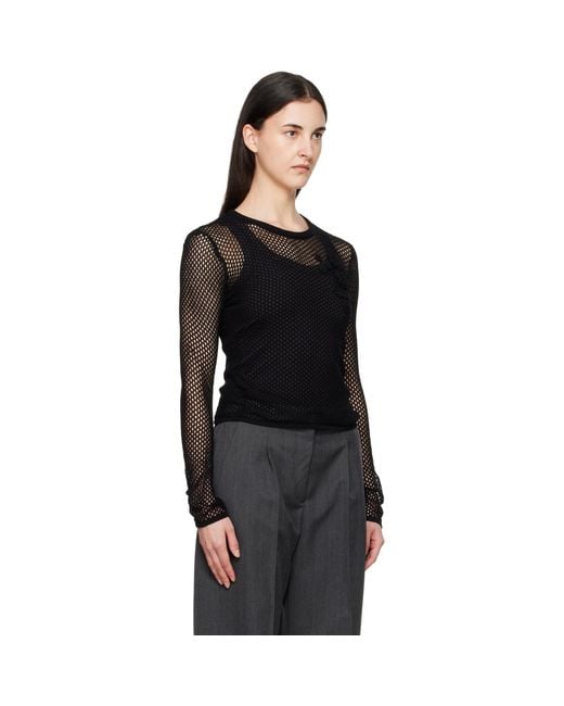 Ganni Black Mercerized Cotton Mesh Pointelle Longsleeve T-Shirt