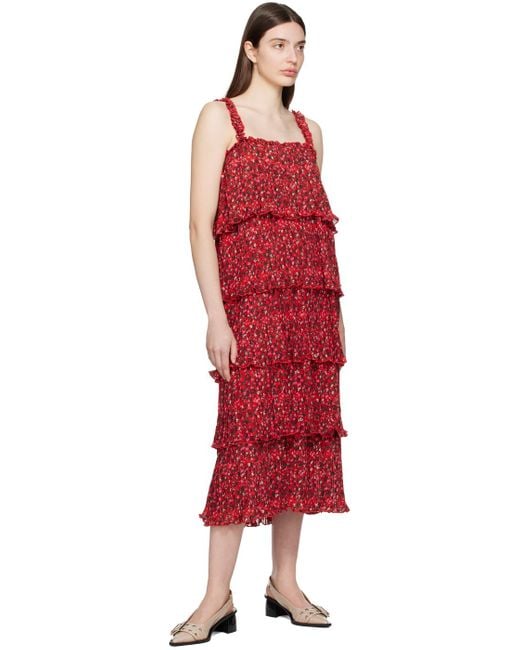 Ganni Red Flounce Midi Dress