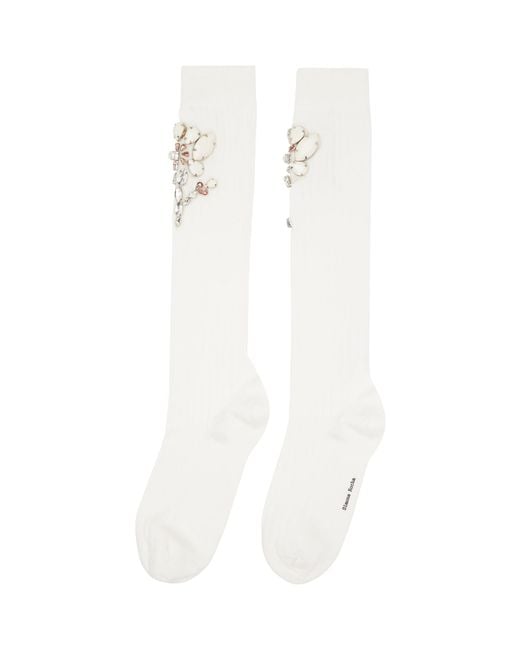 Simone Rocha White Poppy Crystal Flower Ribbed Knee Socks
