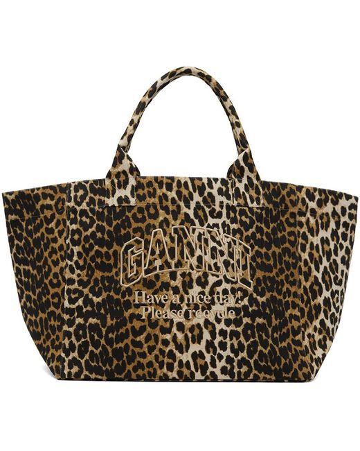 Ganni Brown Beige Leopard Oversized Canvas Tote