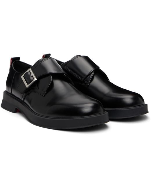 HUGO Black Leather Logo Buckle Monkstraps for men