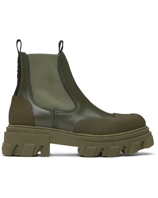 Ganni Green Khaki Cleated Low Chelsea Boots