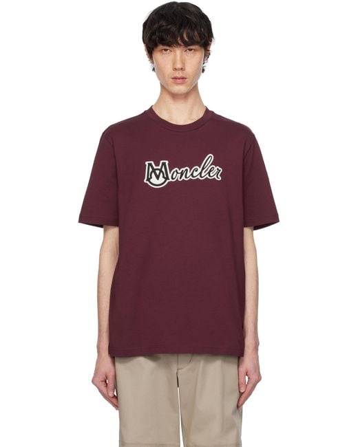 Moncler Burgundy Embroidered Varsity Logo Cotton T-Shirt for men