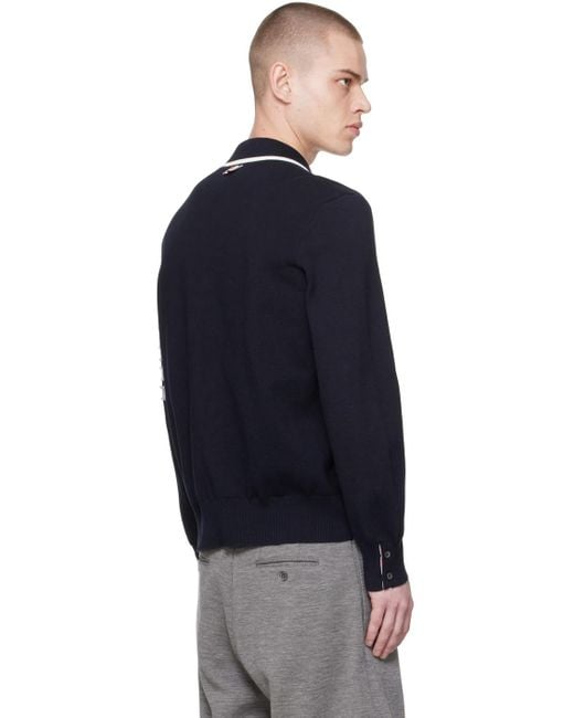 メンズ Thom Browne Thom E ネイビー 4-bar ニットポロシャツ Blue