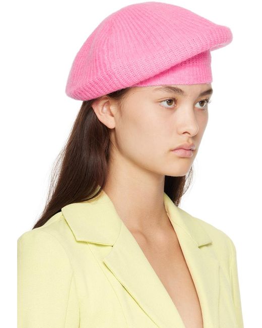 Ganni Pink Ribbed Beret