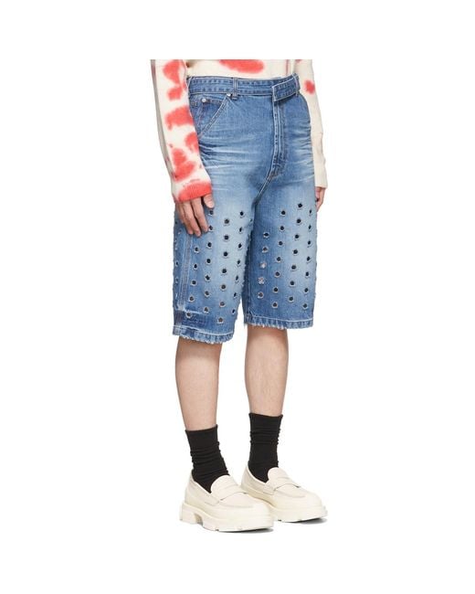 we11done Blue Denim Cut-Out Shorts for men