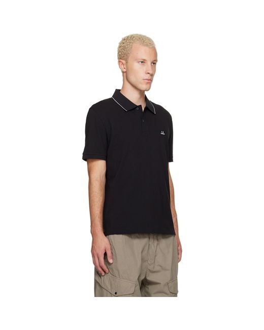 C P Company Black Stretch Piquet Short Sleeve Logo Polo for men