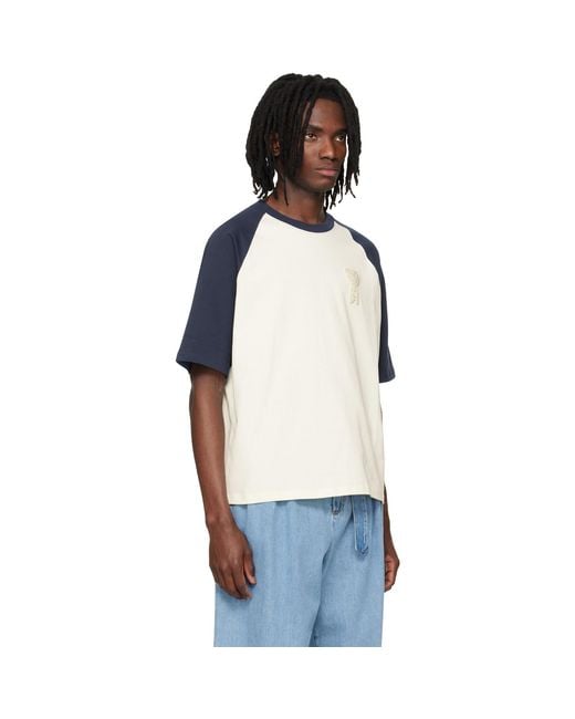 AMI Blue Cotton Ami De Coeur Knitted Patch T-Shirt for men