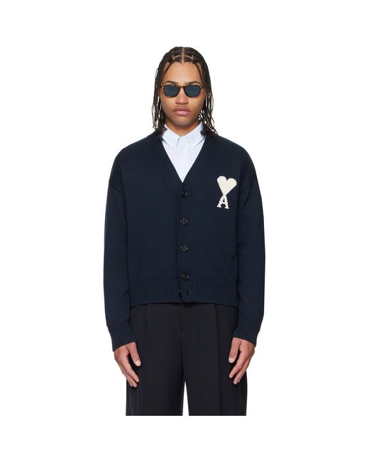 AMI Blue Wool Ami De Coeur Cardigan for men