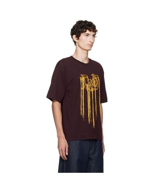 Dries Van Noten Black Burgundy Fringed T-Shirt for men