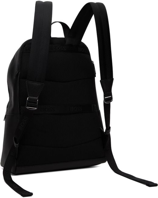 メンズ Boss ブラック ロゴ刻印 レザー バックパック Black
