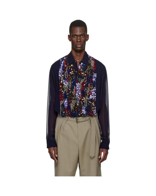 Dries Van Noten Blue Sequinned Shirt for men