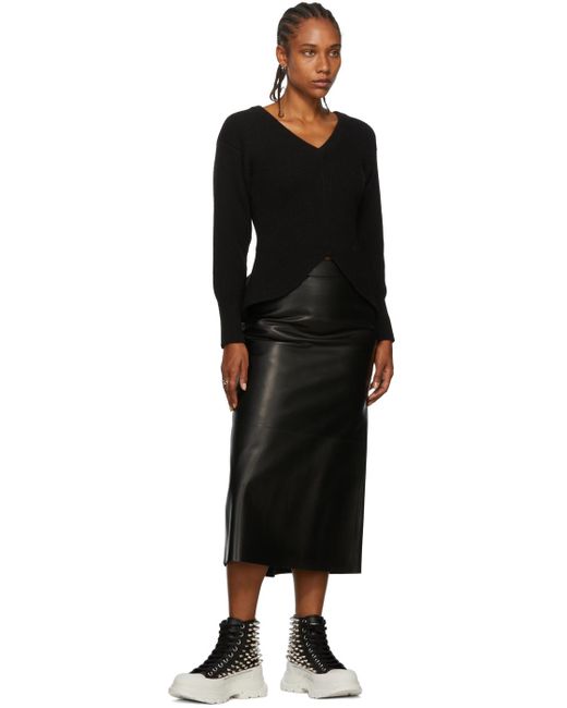 Alexander McQueen Black Leather Midi Skirt