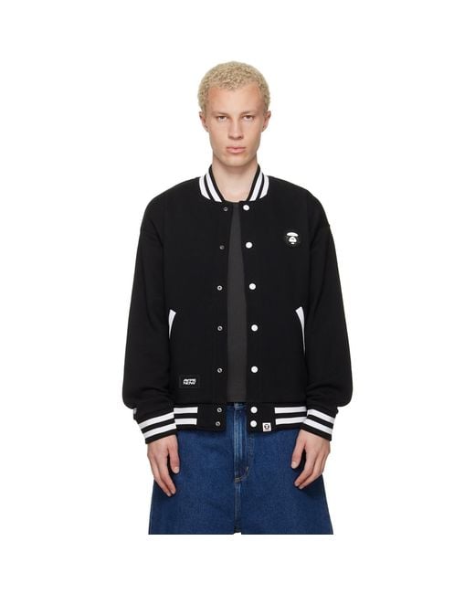 Aape By A Bathing Ape Black 'Aapenow' Moonface Varsity Jacket for men