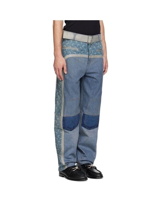 MARINE SERRE Blue Regenerated Denim Belted Baggy Jeans for men