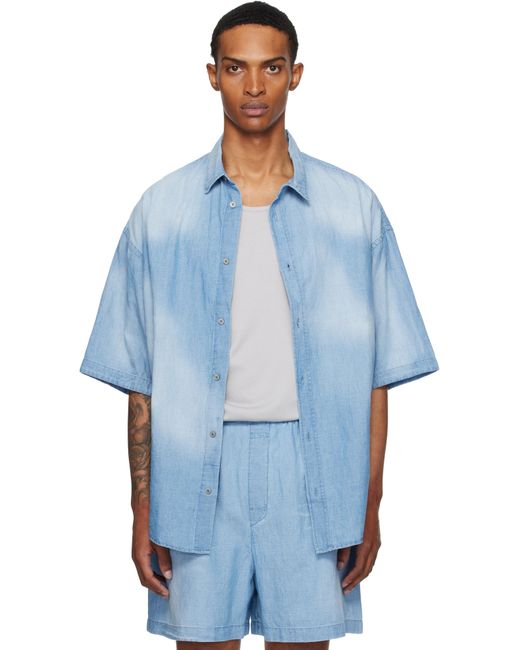 Acne Blue Button-Up Logo Stamp Shirt for men