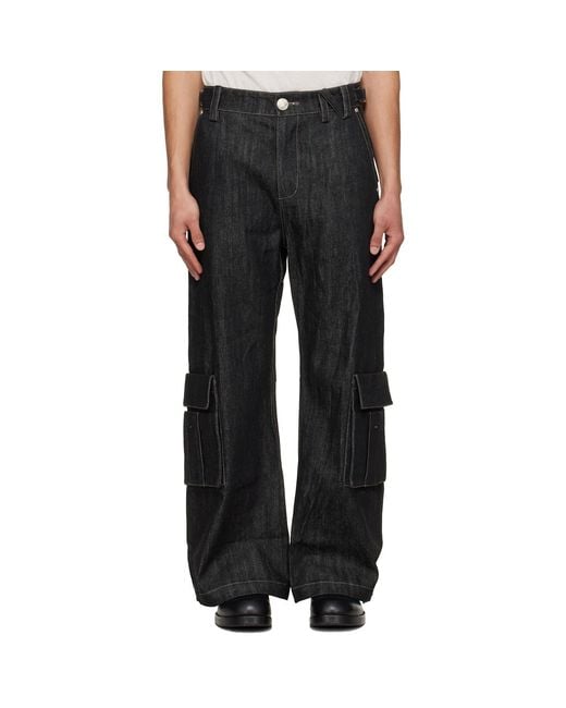 NULLUS Black Whale Fin Snap-On Denim Cargo Pants for men